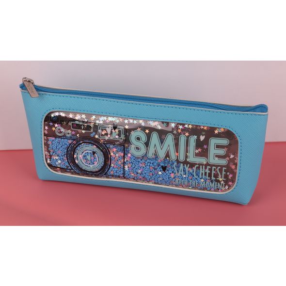 Пенал Hatber 205х85х35мм на молнии мягкий  с блестками Экокожа -Be happy- Голубой , 